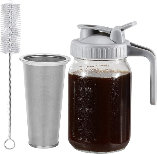 Cold Brew Coffee Maker Glass Pitcher, 32 oz Mason Jar with Pour Spout Handle Lid with Stainless Steel Filter for Iced Coffee, Lemonade, Ice Tea, Fruit Drinks