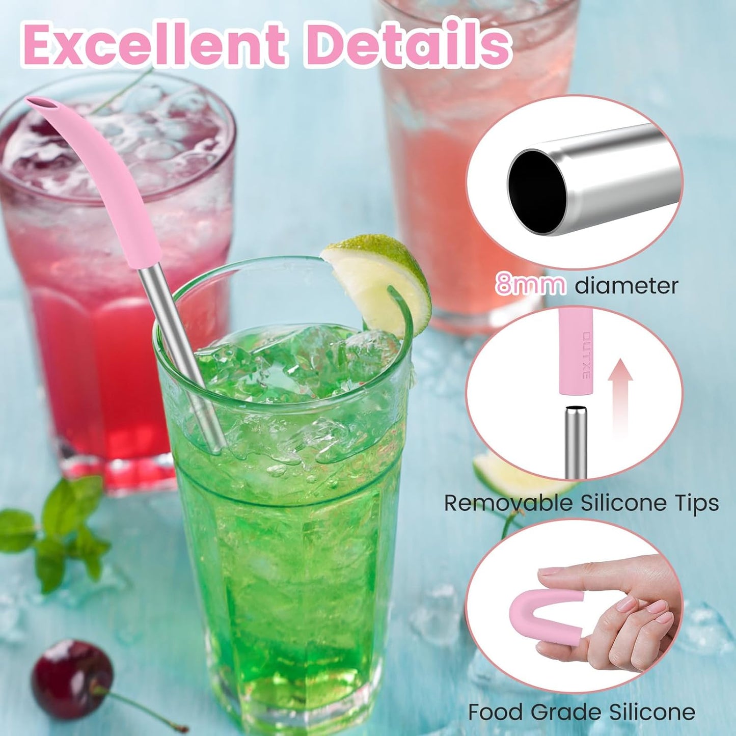 OUTXE Anti Wrinkle Straw 6 Pcs, Flat Wide Drinking Straw for Stanley& Yeti& Owala, Reusable Wrinkle Free Long Stainless Steel Metal Straw for Lip with Cleaning Brush and Carrying Bag
