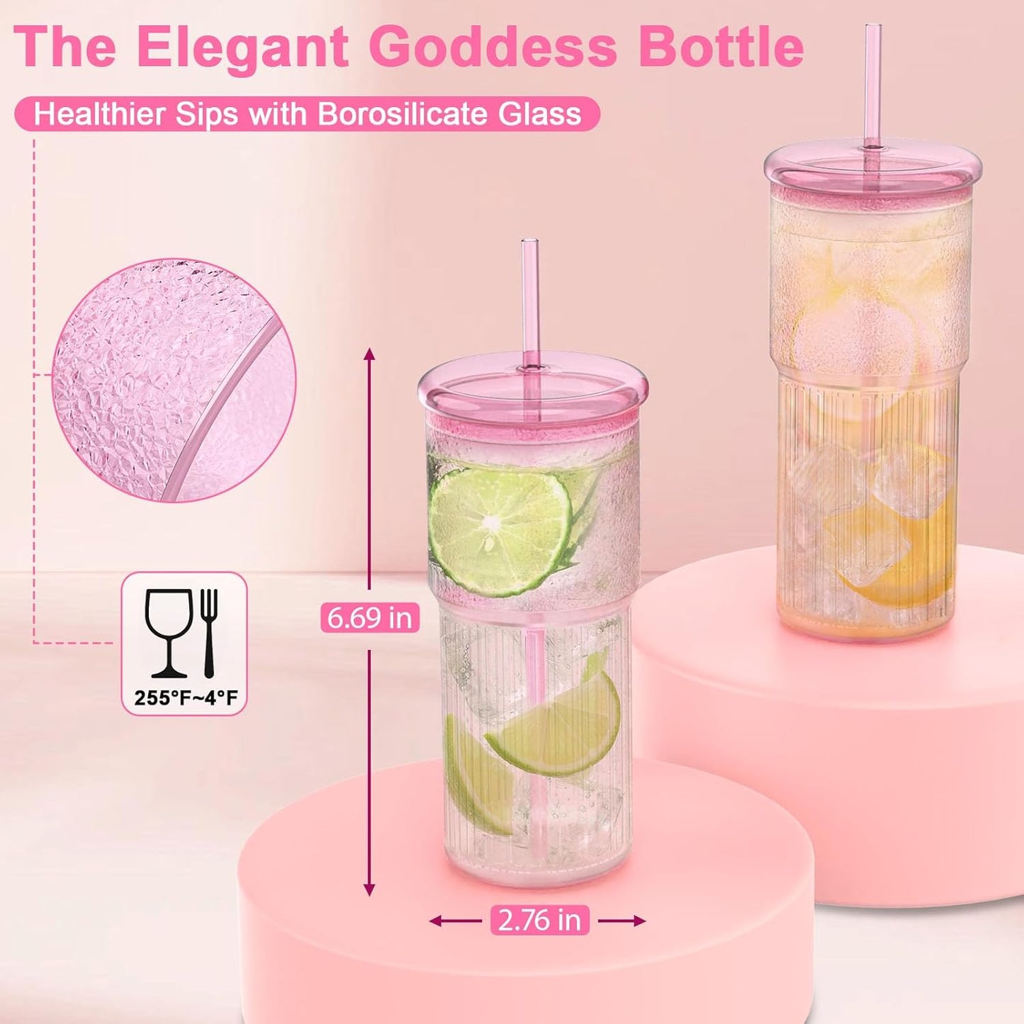 Glass Cups with Lids and Glass Straws, High Borosilicate 20OZ Pink Tumblers (2Pcs) for Coffee, Tea, Juice, Smoothies, Hot & Cold Drinks at Home/Office