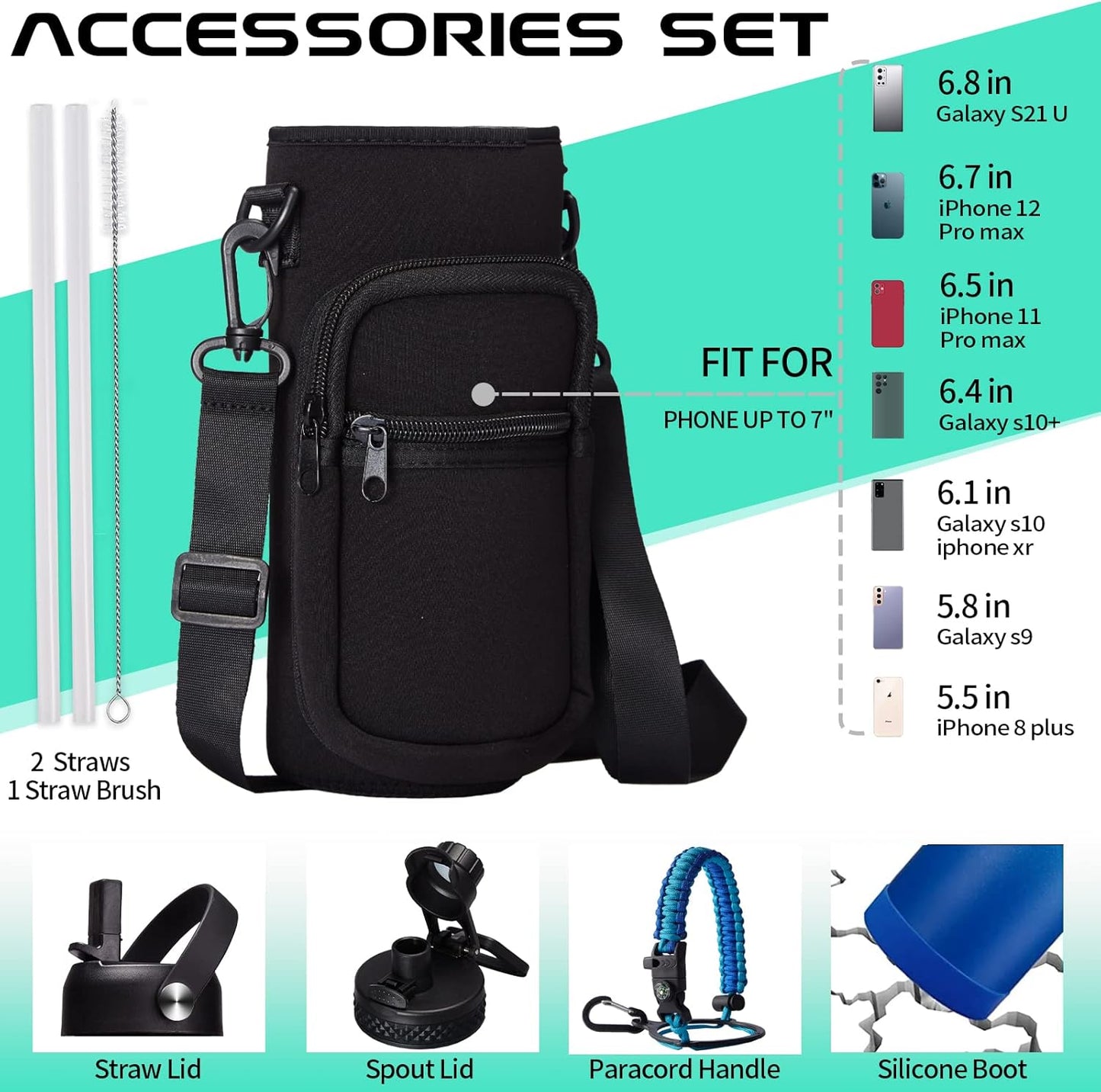 Stainless Steel Flask Water Bottle - 32oz/40oz/64oz Insulated Water Bottle with Straw & Spout Lids, Paracord Handle, Strap Sleeve, Protective Cup Mat, Hydro Thermo Perfect for Sports Office