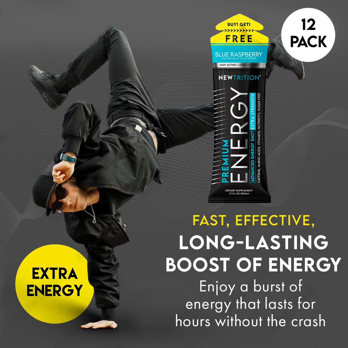 NewTrition® Extra Strength Energy Shots, 250mg Caffeine Energy Shots with Vitamin B & Amino Acids, Sugar-Free Vitamin Energy Shot, 1.7 fl oz (Pack of 12, 4 Flavors-Mixed-1)
