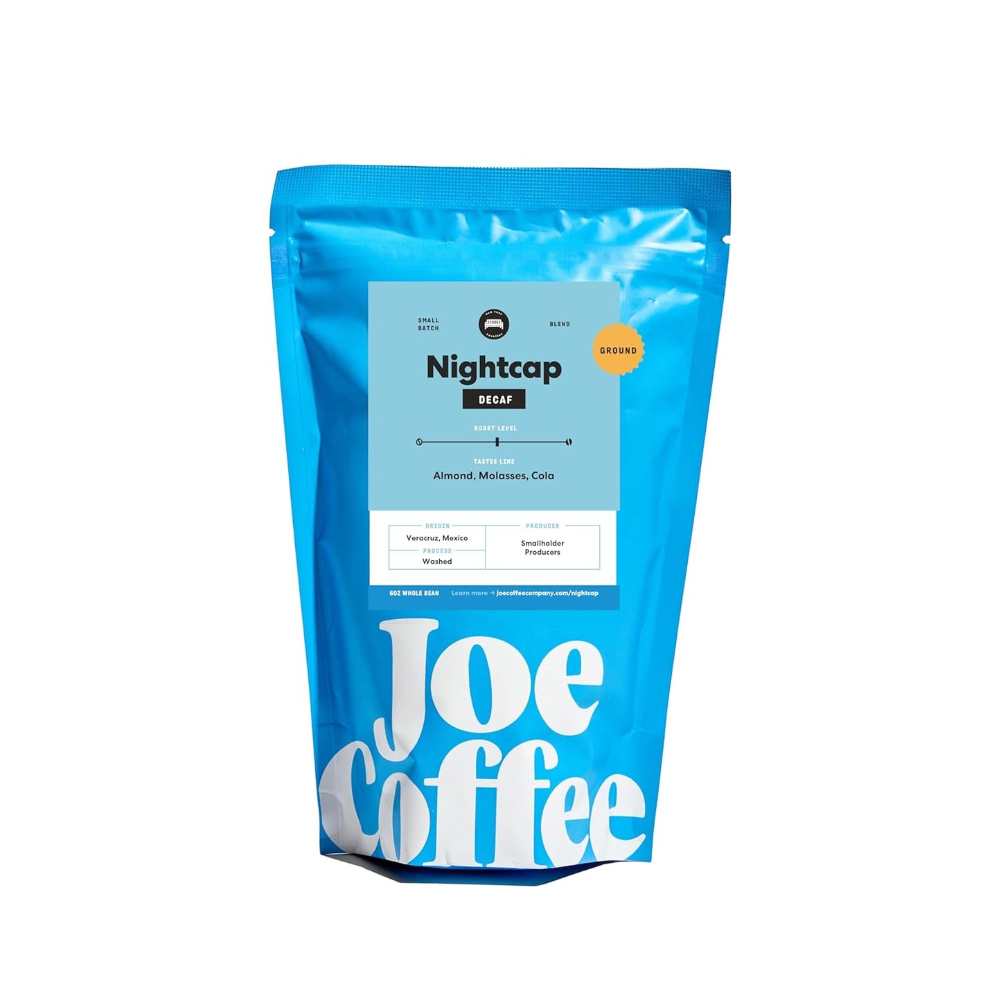 Joe Coffee Company - Nightcap Decaffeinated Ground Specialty Coffee, 6 oz Bag | NYC Roaster, Rainforest Alliance Certified, Kosher, Climate-Friendly