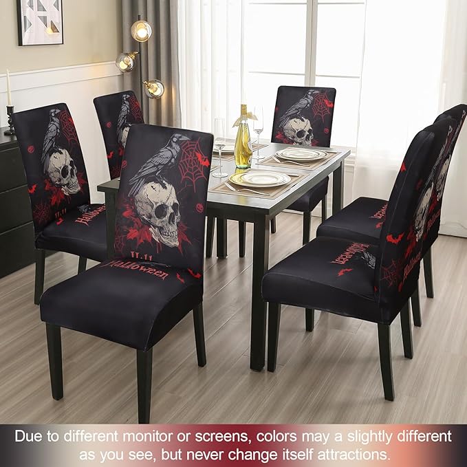 JQinHome Black Halloween Chair Slipcover,Skull Chair Covers Set of 6, High Stretch Washable Chair Protector Cover for Dining Room, Kitchen,Home Party,Wedding Ceremony(Skull Black,6PC)