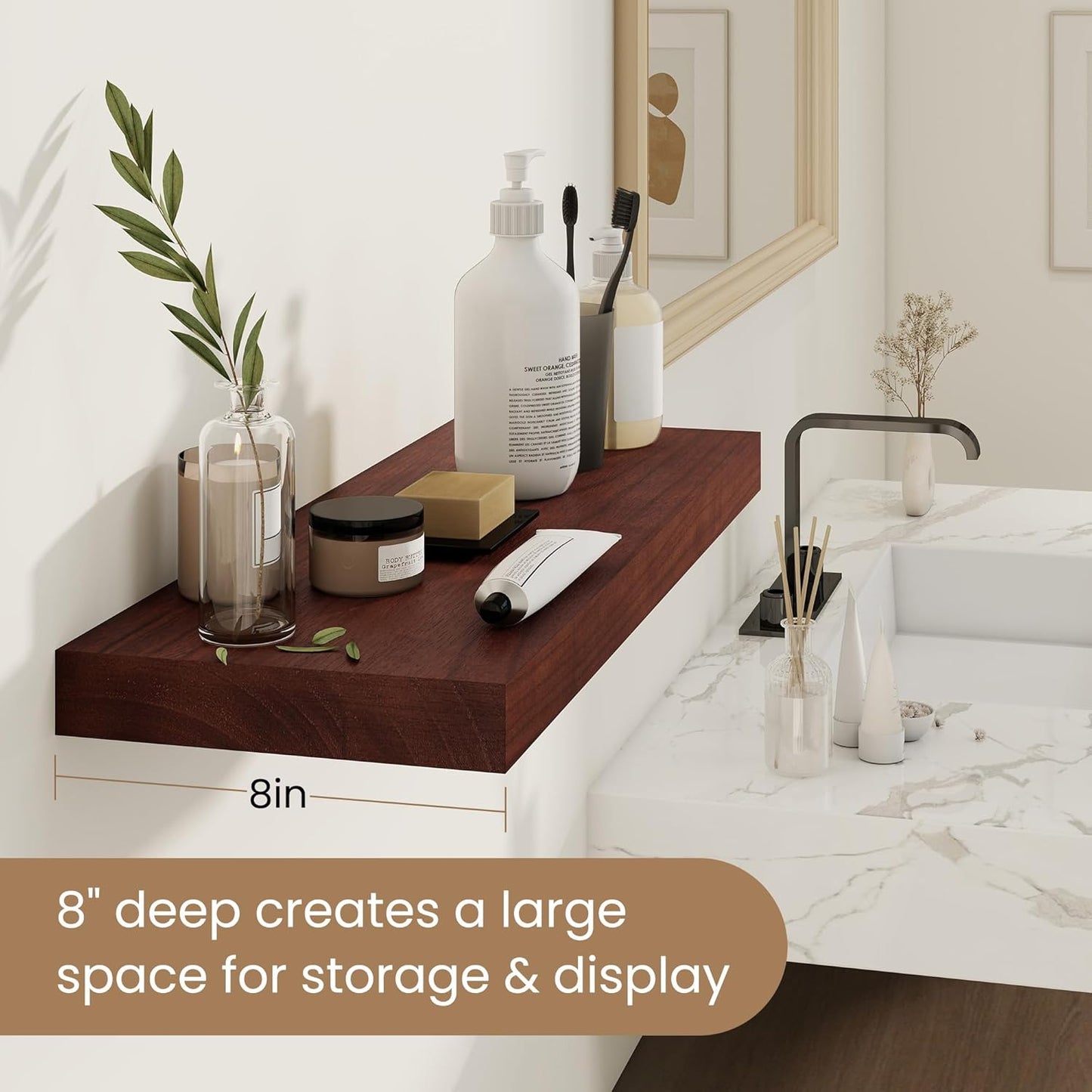 Fun Memories Rustic Real Wood Floating Shelves, 8 Inch Deep Floating Shelf Wall Mounted, 36" W x 8" D Wall Shelves Storage Shelves for Living Room, Bedroom, Bathroom, Red Brown, Set of 2