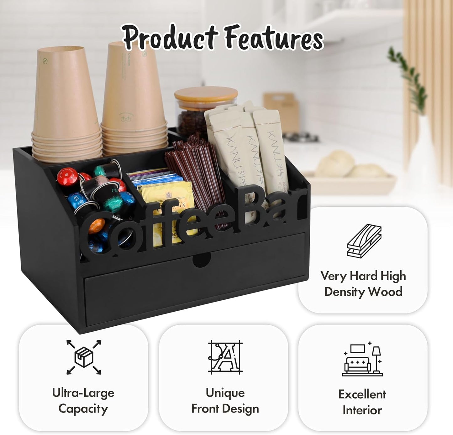 Coffee Bar Organizer for Countertop - Wooden Coffee Organizer Station, Coffee Station Organizer for Home & Office, K Cup Stand for Counter, Coffee and Tea Organizer - Black Drawer Type
