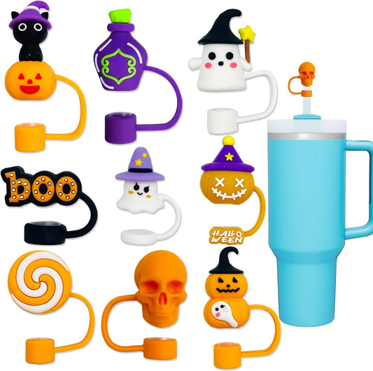 9PCS 3D Halloween Straw Toppers for Stanley Cup, Cute Silicone Skull Ghost Straw Covers Cap Compatible with 30&40oz Tumbler with Handle,10mm 0.4in Dust-Proof Reusable Tips Lids for Halloween Gifts