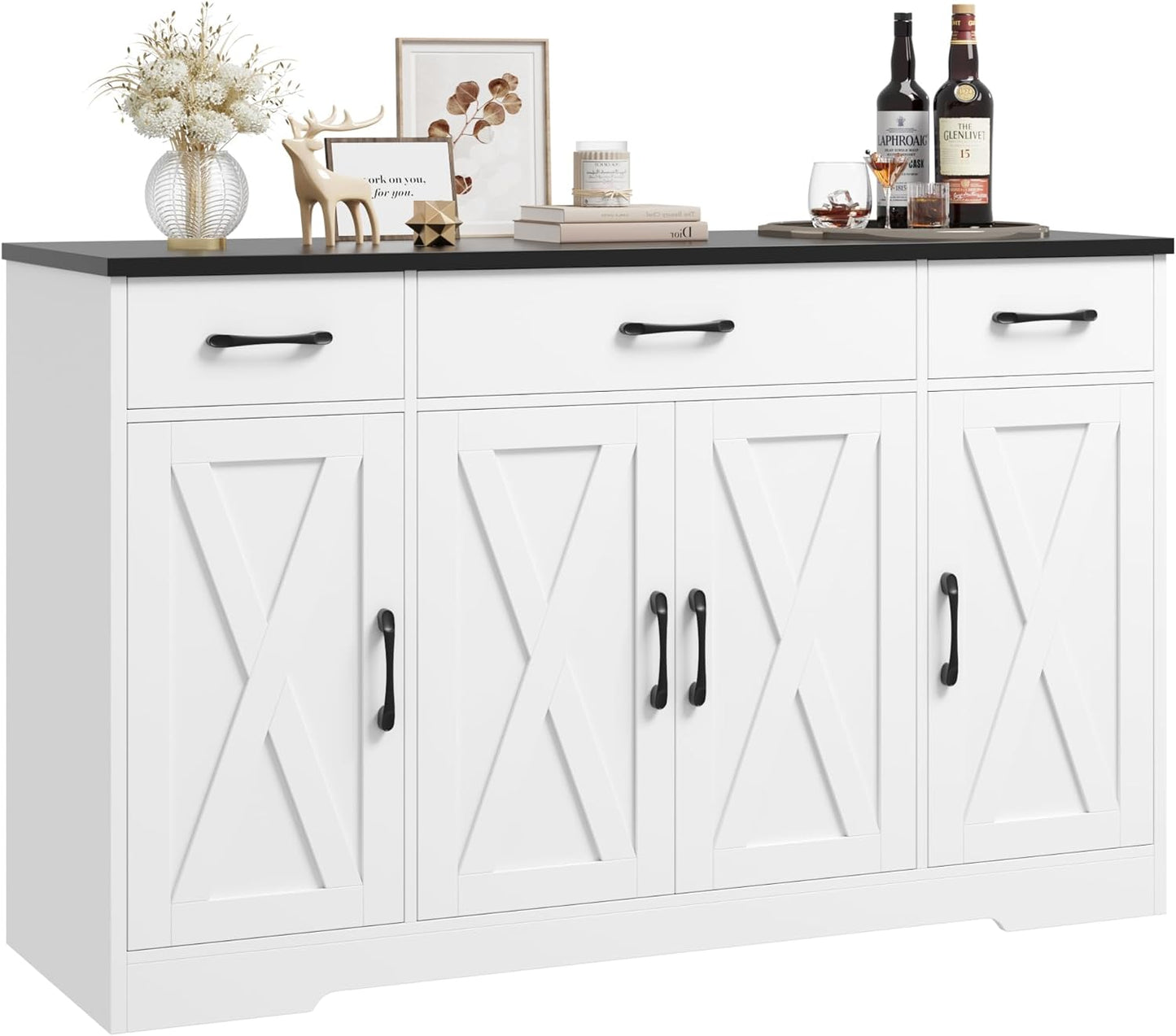 HOSTACK Buffet Sideboard Cabinet with Drawers, 55" Large Buffet Storage Cabinet with Shelves and Doors, Modern Farmhouse Coffee Bar Station Wood Kitchen Table for Kitchen, Dining Room, White/Black