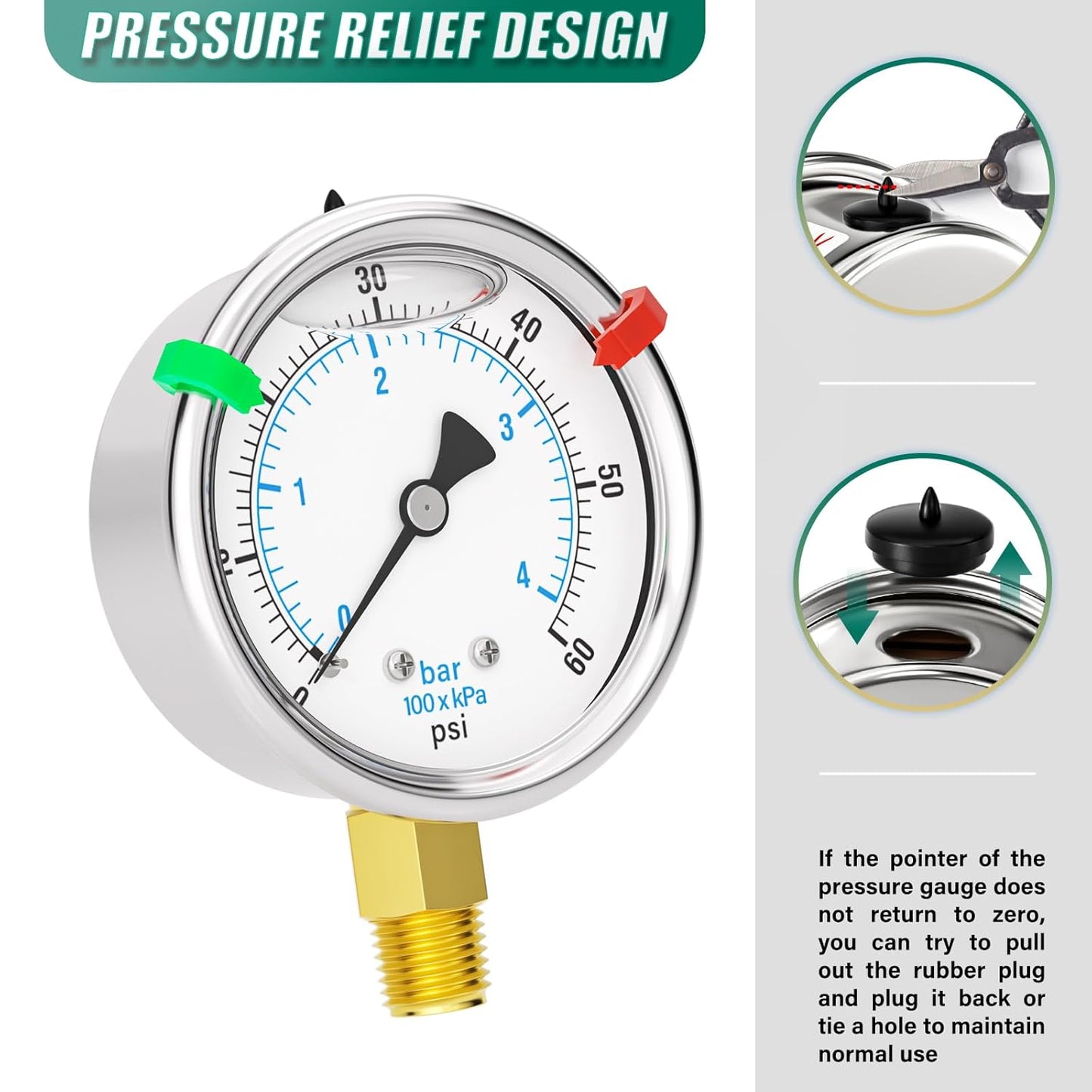 0-60PSI Heater Heavy Liquid Filled Pressure Gauge Kit, 2.5" Stainless Steel Dial Size, 1/4" NPT Lower Mount, for Low Pressure Portable Oil Fired Heaters (with Range Mark Pointer)