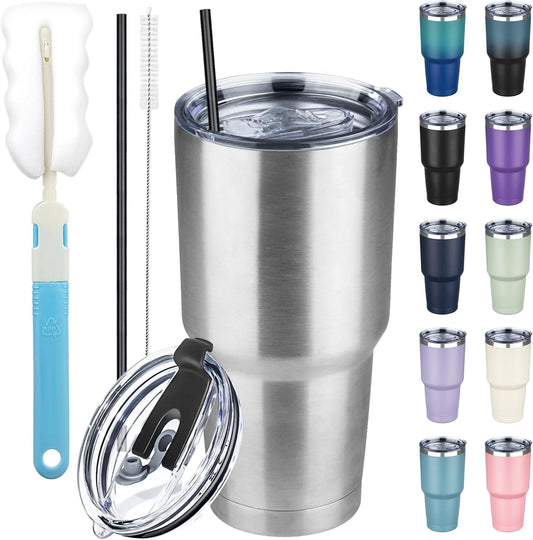 30 oz Tumbler with Lids and Straws, Stainless Steel Insulated Coffee Tumbler, Double Wall Vacuum Insulated Travel Mug Cup, Leakproof Thermal Coffee Cup for Hot and Cold Drinks(Silver)