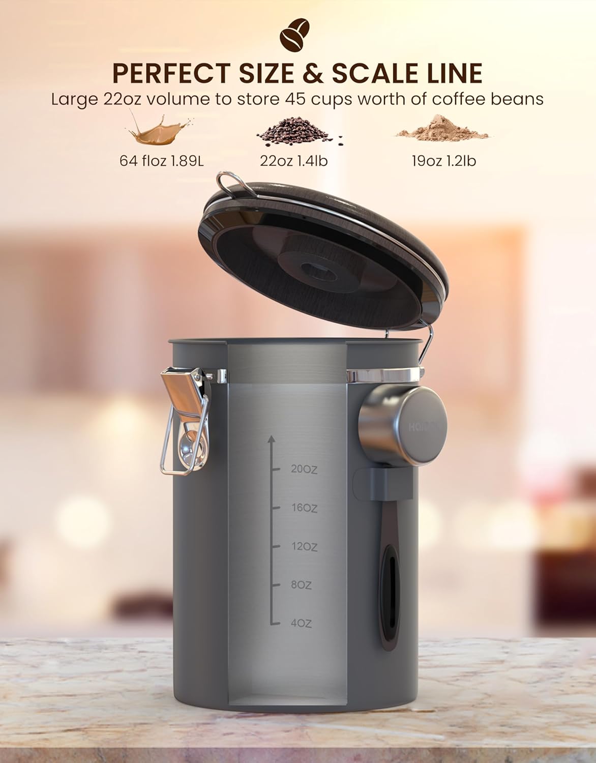 HAIOOU Airtight Coffee Canister Wood Grain [New Version], 22OZ Large Stainless Steel Coffee Bean Storage Container with Date Tracker, Measuring Scoop, CO2 Releasing Valves - Walnut and Gray