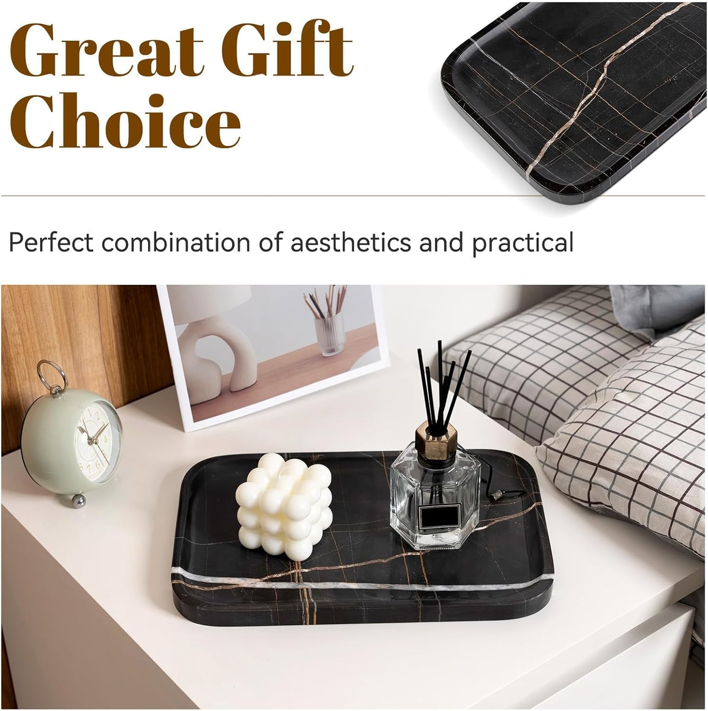 Koville Marble Tray, 12"x8" Marble Vanity Tray for Bathroom Kitchen Countertop, Rectangular Stone Tray for Cosmetics Perfume Trinket, Decorative Catchall Trays (Black)