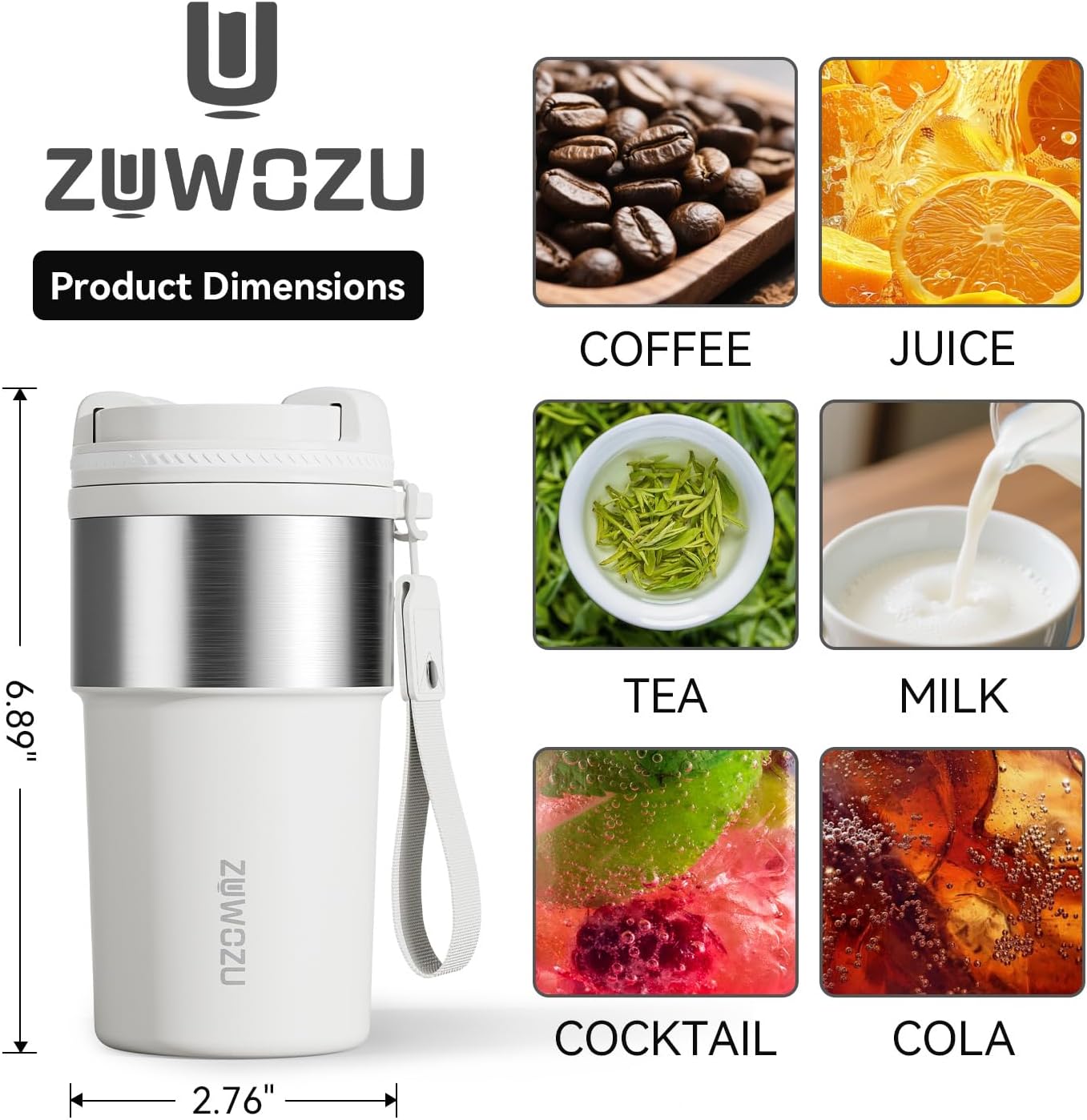 Insulated Travel Coffee Tumbler Mug - Ceramic Inner Wall Reusable Iced Coffee Cups Bottle with Lids, Stainless Steel Insulated Cold Brew Water Tumbler with Straw, BPA Free 16 Oz Water Bottle