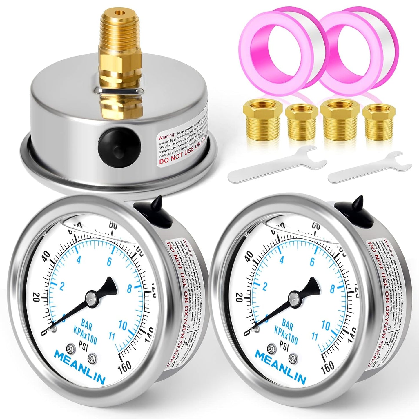 MEANLIN MEASURE 0~160Psi Stainless Steel 1/4" NPT 2.5" FACE DIAL Liquid Filled Pressure Gauge WOG Water Oil Air Back Mount (Pack of 2), with 1/2" NPT and 3/8" NPT Hex Bushing