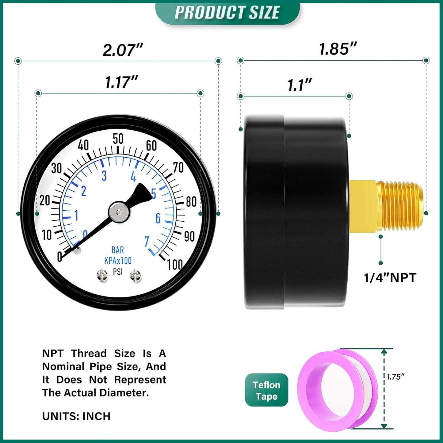 0-100psi Well Pump Pressure Gauge 1/4" NPT 2" Face Dial Size Back Mount, Multifunctional Practical Dry Pressure Gauge, for Water, Oil and Air Compressor