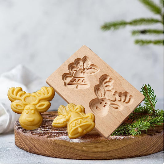 Wooden Cookie Biscuit Mold, 3D Baking Mold, Embossing Craft Decorating Baking Tool, Suitable for Halloween Thanksgiving Christmas Kitchen DIY (Bell Deer)