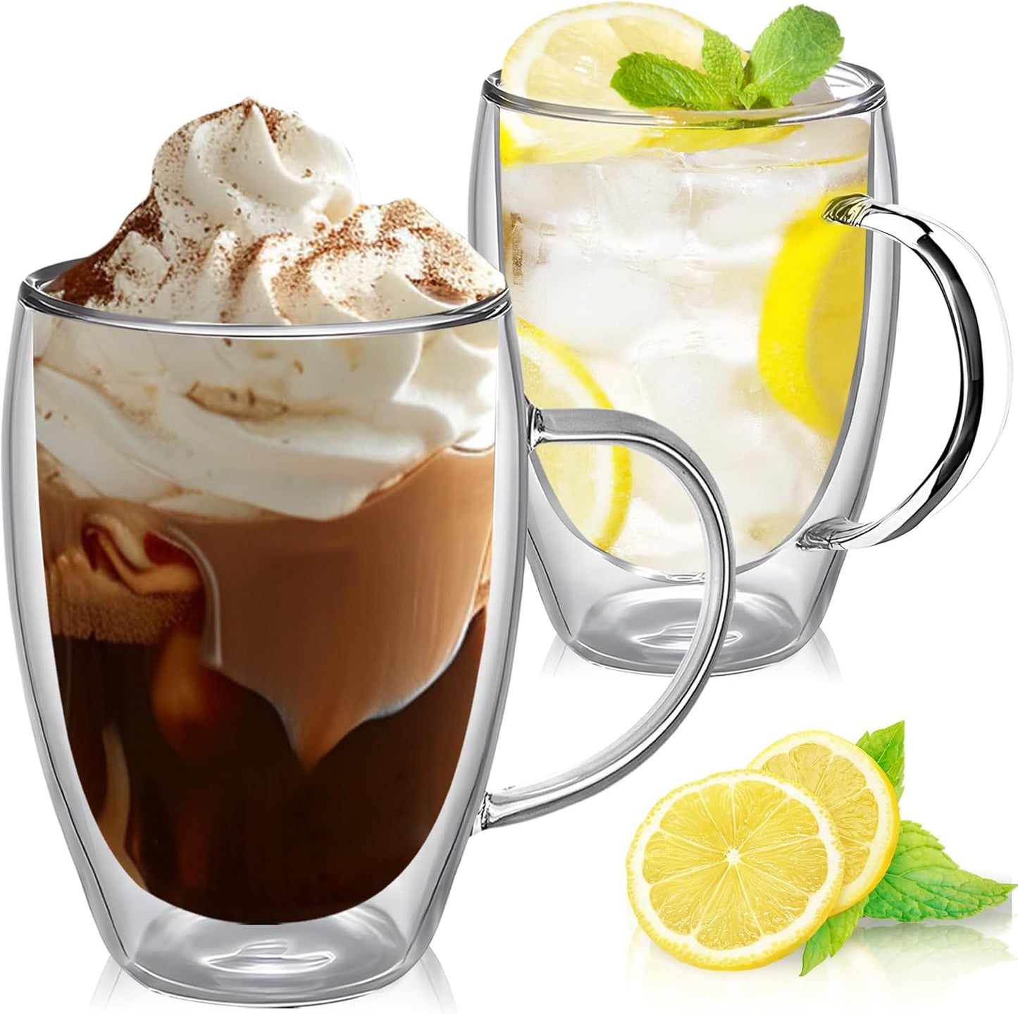 12 Ounces Set of 2 Double Walled Glass Coffee Mugs with Handle Insulated Layer Coffee Cups Borosilicate Glass Espresso Double Insulated Clear Glass Coffee Mug for Hot Beverages