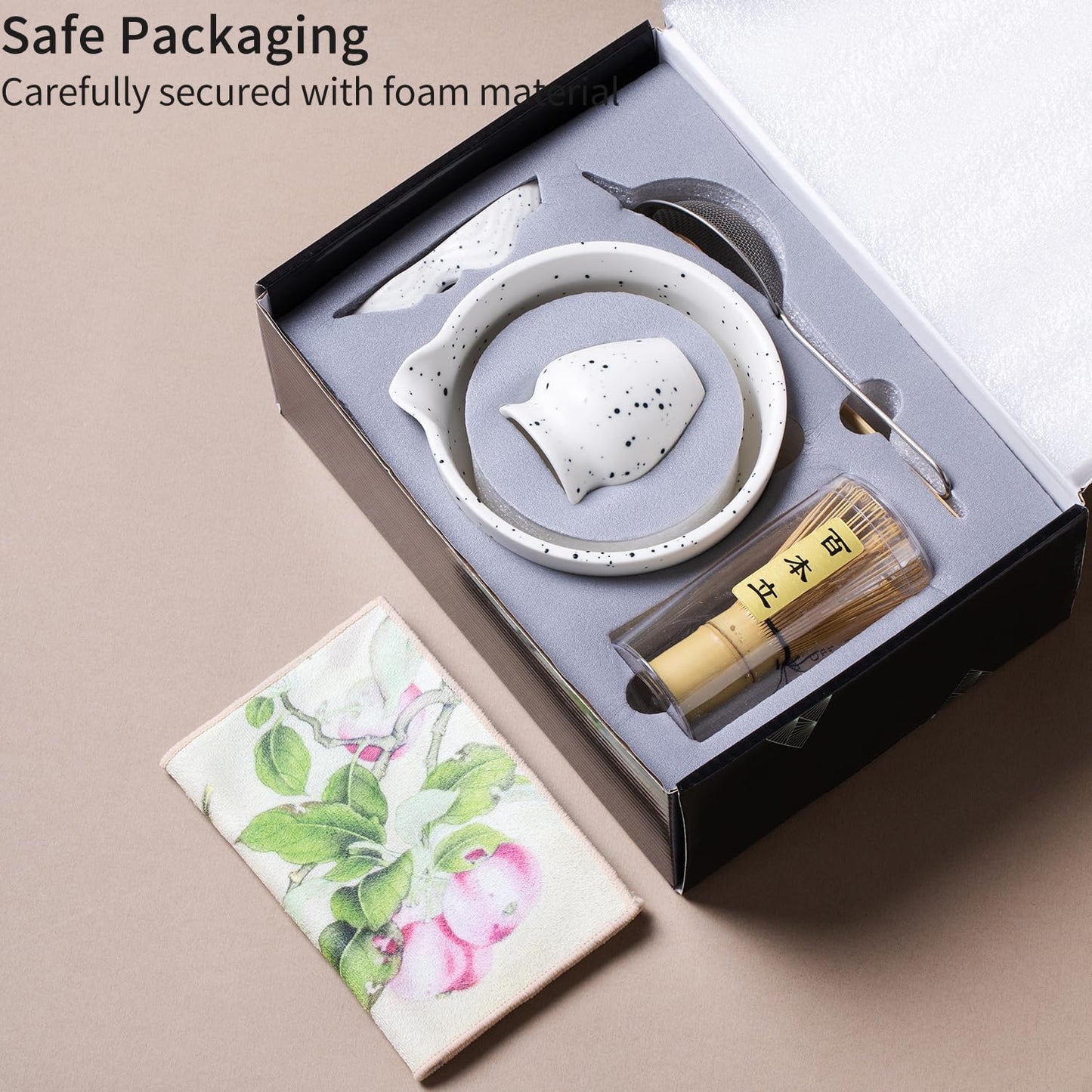 7Pcs Japanese Matcha Tea Set, Matcha Kit with Matcha Bowl (with Pouring Spout), Matcha Whisk, Whisk Holder, Strainer - Elegant Matcha Set for Gifting and Personal Use, Gift Box Packaging (white)