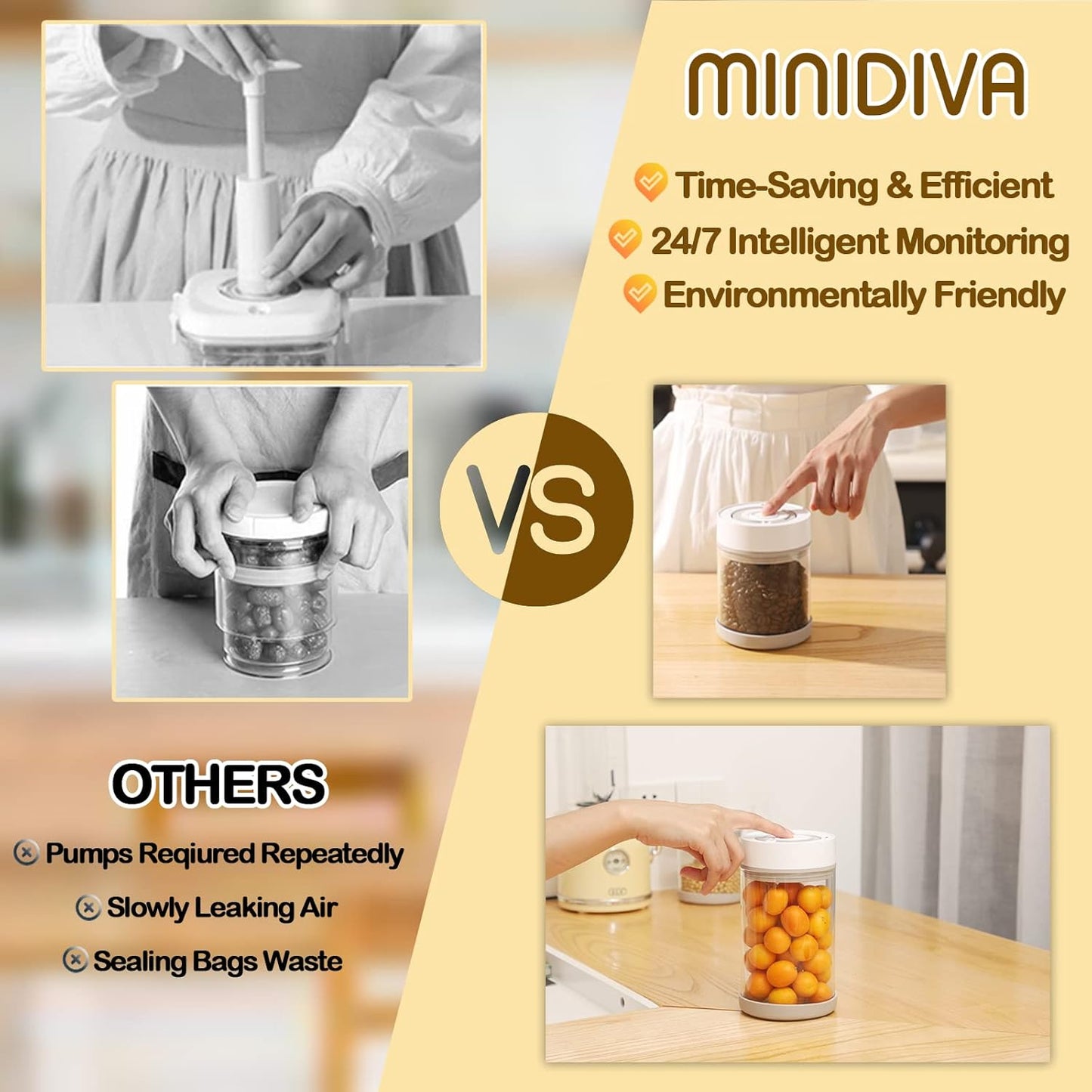 Minidiva Smart Vacuum Container, Automatic Electric Airtight Glass Jar for Food Coffee Storage Meal Prep (White-600ml)