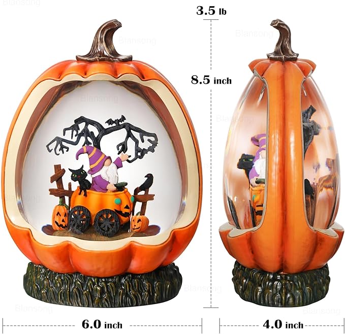 Halloween Snow Globe Pumpkin Halloween Decorations Indoor Gnome Black Cat Bat Swirling Glitter Timer