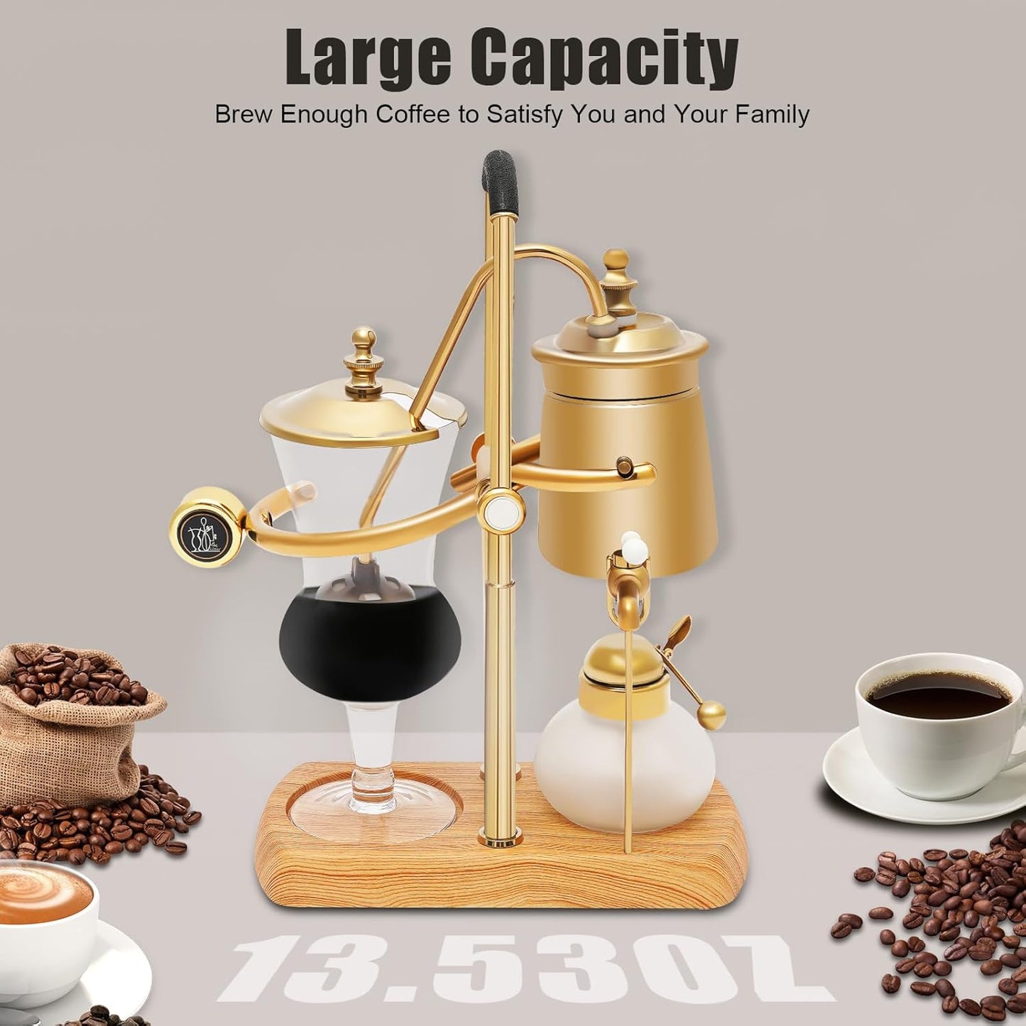 Belgium Siphon Coffee Maker, Family Balance Syphon Unique Gravity Vintage Coffee Maker, Elegant Double Ridged Fulcrum with Tee Handle, Vintage Classic Retro Coffee Pot