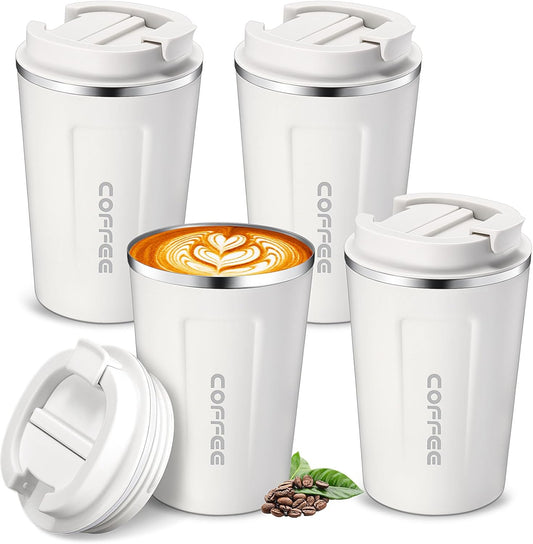 Sieral 4 Pcs 13 oz Travel Coffee Mug Insulated Reusable Coffee Cups with Leakproof Lid Stainless Steel Portable Tumbler for Keep Hot or Ice Milk Tea(White)