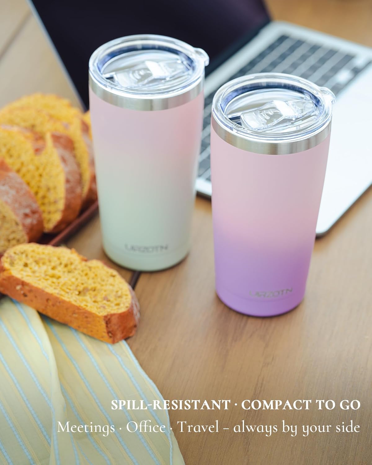 Travel Coffee Tumbler 20oz, Leakproof Travel Coffee Mug with Lid and Straw, Stainless Steel Double Wall Vacuum Insulated Tumbler for Hot/Iced Drinks (Textured Matte, Soft Pink-Mint Green Fade)