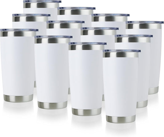 DOMICARE 20oz Stainless Steel Tumbler Bulk with Lid, Double Wall Vacuum Insulated Travel Mug, Powder Coated Coffee Cup, Powder White, 12 Pack