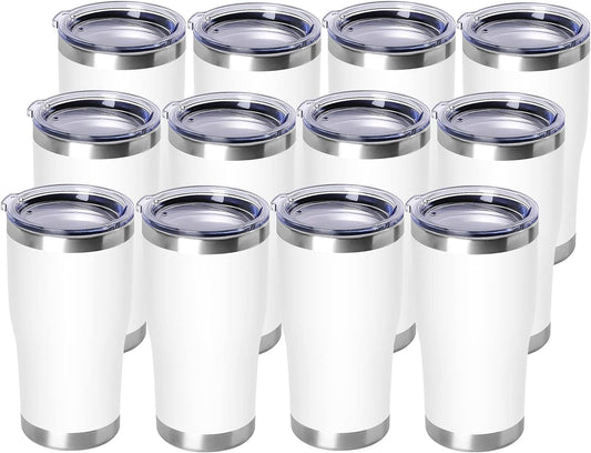 DOMICARE 20oz Tumbler with Lid Stainless Steel Tumblers Bulk, Double Wall Vacuum Insulated Coffee Travel Mug Powder Coated Tumbler, 12 Pack White