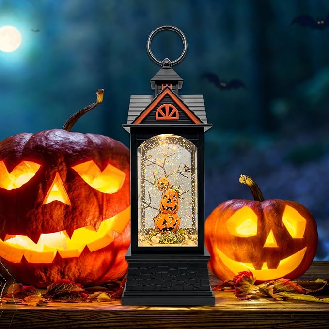 Halloween Snow Globe Lantern with 6 Hour Timer,Halloween Decorations Indoor for Home,Halloween Decor,USB or Battery Powered for Halloween Lanterns,Halloween Pumpkin Lantern