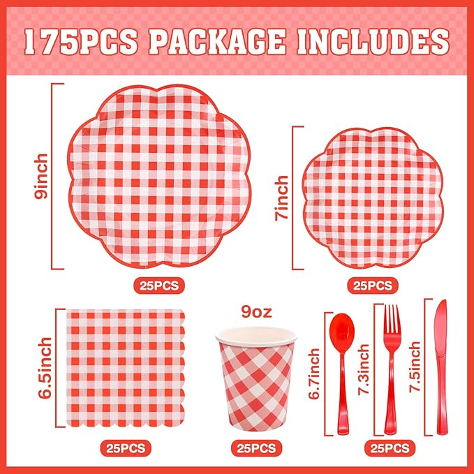 175 Pcs Red Gingham Plates and Napkins Party Supplies - Red and White Checkered Plates Sets Serve 25 Guests - Scalloped Gingham Paper Plate for Birthday Picnic BBQ Christmas Party Decorations