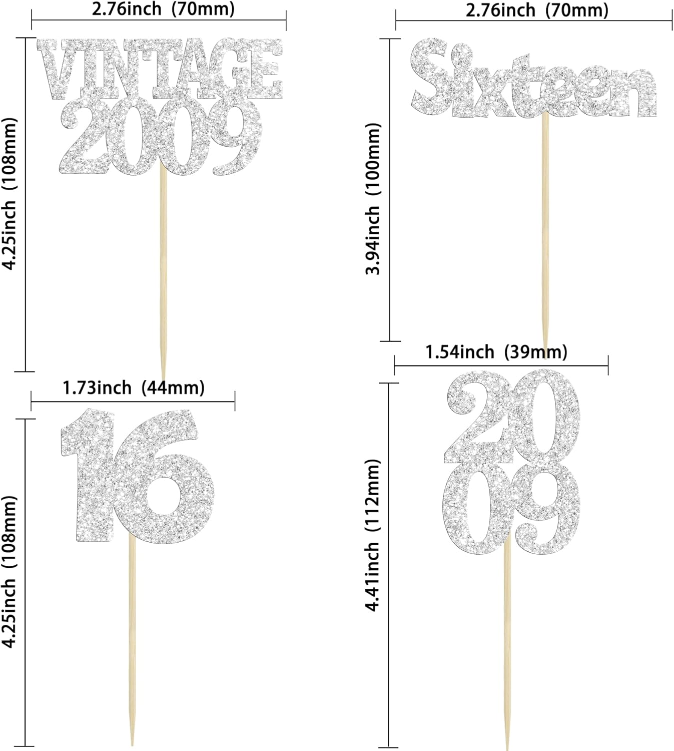 Gyufise 24Pcs 16th Birthday Cupcake Toppers Glitter Sixteen Vintage 2009 Hello 16 Years Birthday Cupcake Picks Sweet 16 Cake Decorations for Happy 16th Birthday Anniversary Party Supplies Silver