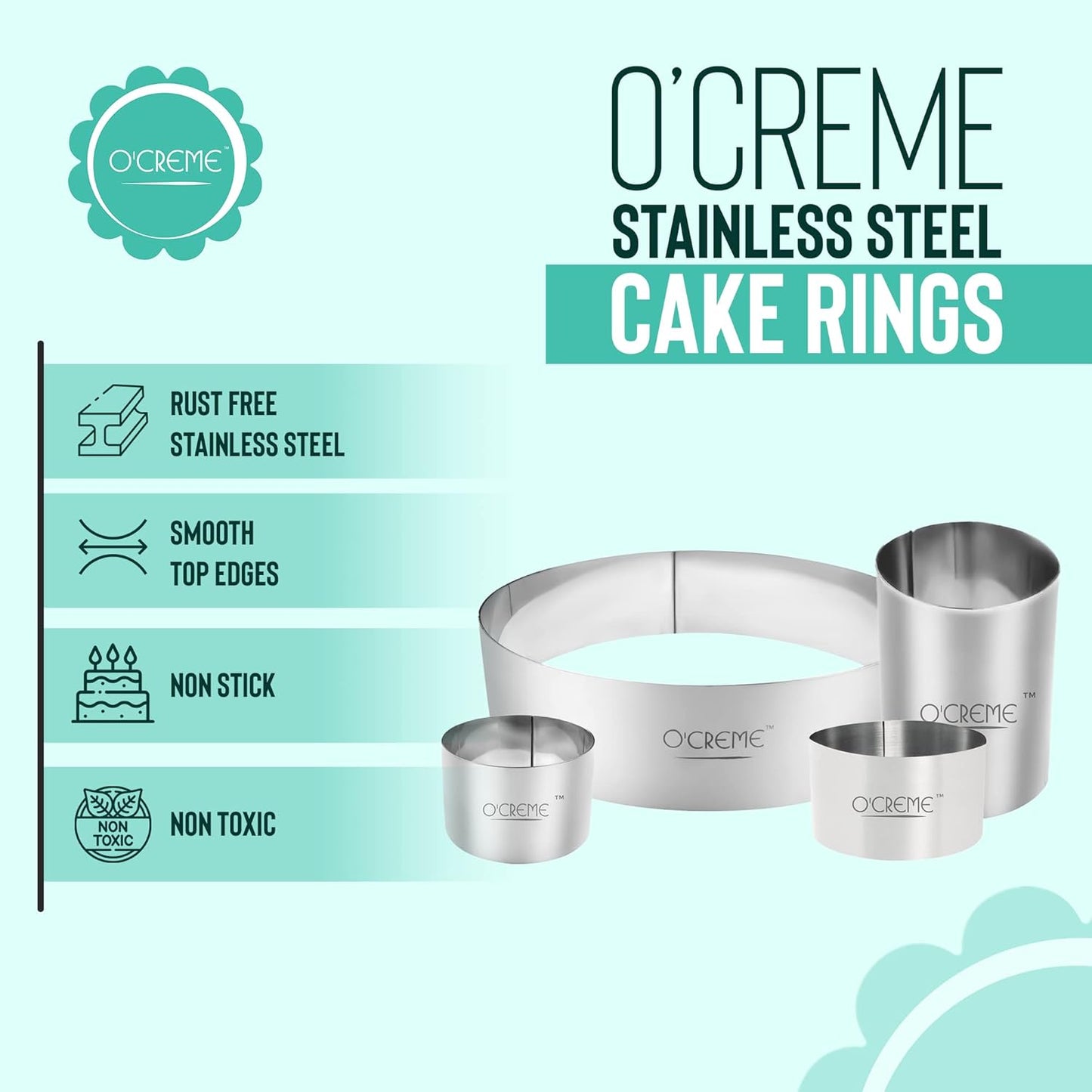 O'Creme Cake Ring Sturdy Stainless Steel Round Mousse Cake Ring Mold for Baking, Dessert Cake Decorating Pastry Rings 8 Inch Diameter x 2-3/4 Inch High