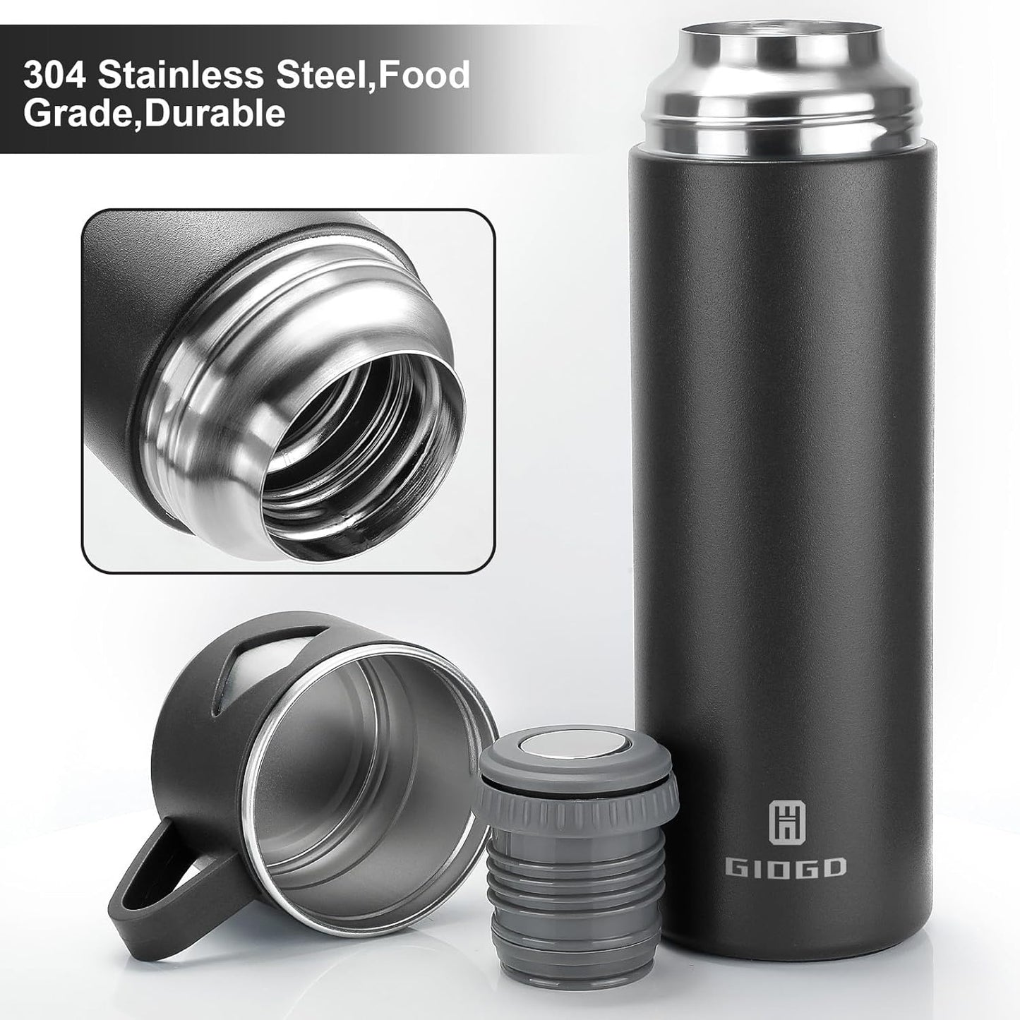 Stainless Steel Thermo 700ml/23.7oz Vacuum Insulated Bottle with Cup for Coffee Hot drink and Cold drink water flask.(Black,Set)