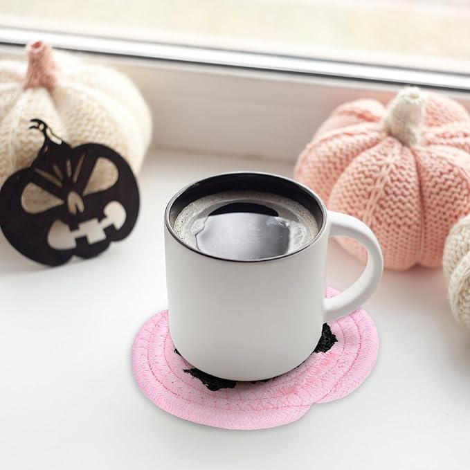 Whaline Halloween Pumpkin Cotton Coasters Colored Pumpkin Face Handmade Braided Drink Coasters Pink Purple Orange Absorbent Cup Mats for Trick or Treat Party Home Table Decor, Set of 4