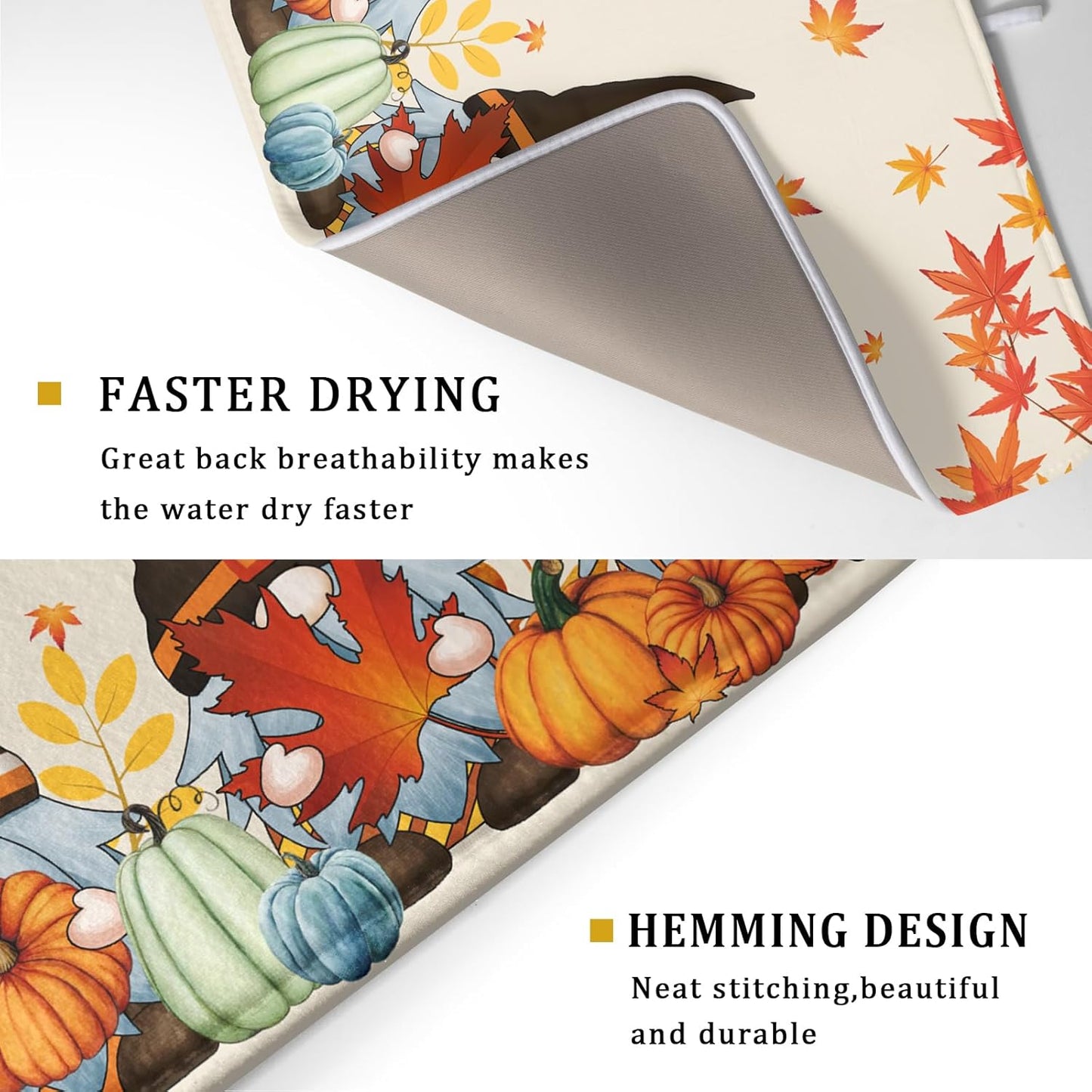 Fall Gnome Dish Drying Mat for Kitchen Counter Fall Pumpkin Dish Drying Mat Absorbent Fast Dry Drying Mat 16x18 Inch Thanksgiving Day Maple Leaves Dishes Pad Dish Drainer Rack Mats Fall Decor