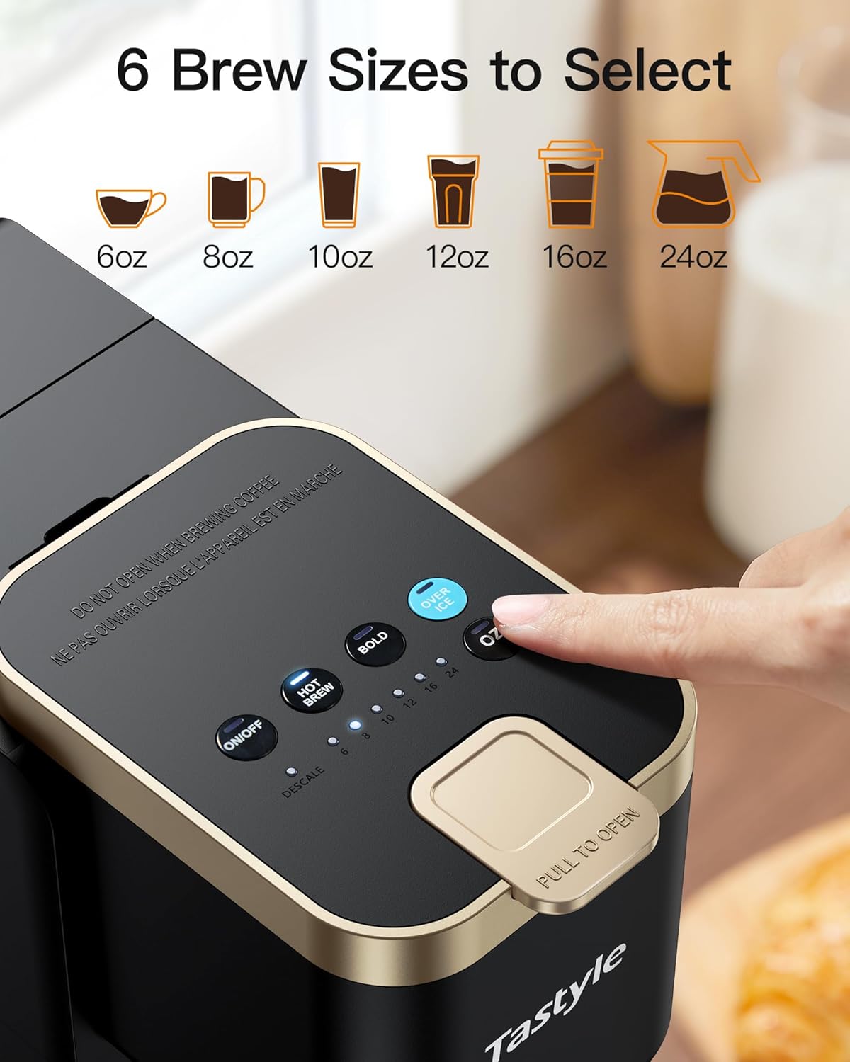 Single Serve Hot & Iced Coffee Maker with Strong Brew, 40oz Removable Reservoir, 6 Brew Sizes, Compatible with K Cup and Grounds, Compact for Home, Office, RV, Black & Gold (2.0 Version)