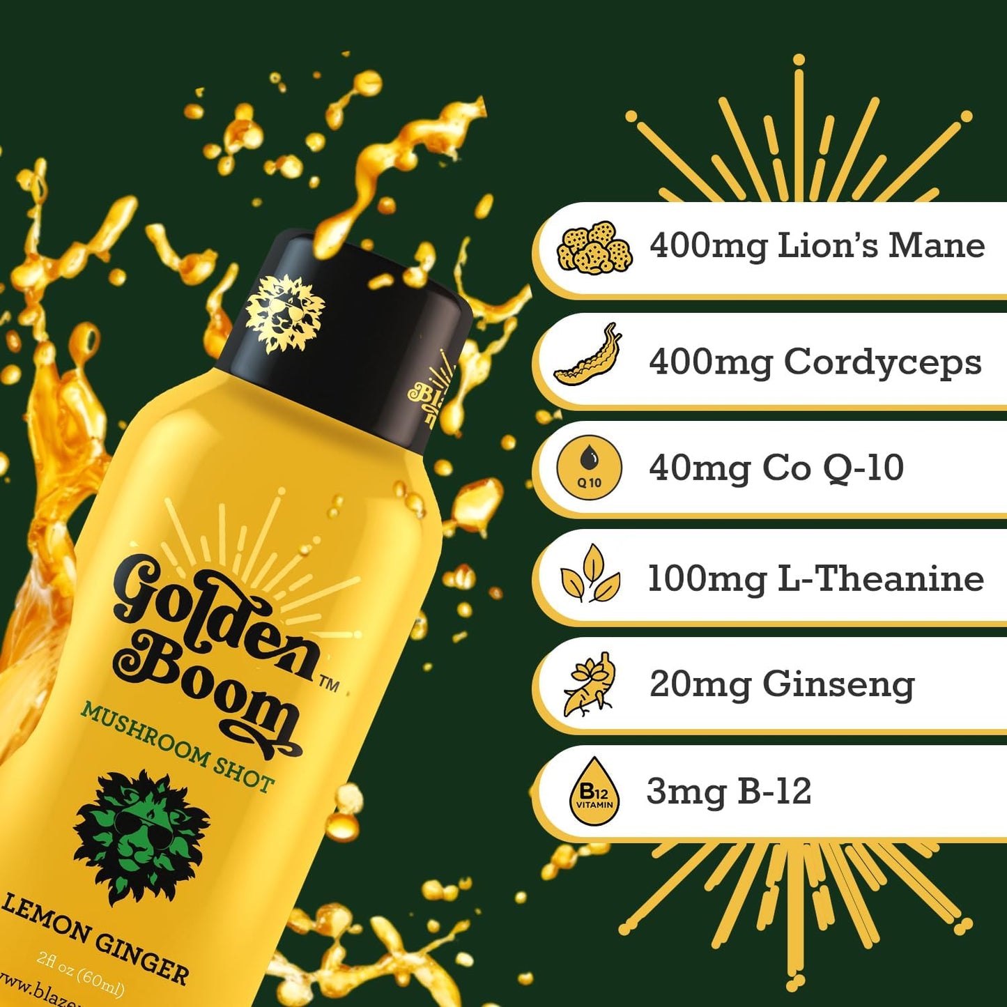 Blaze n Chill Golden Boom Mushroom Shot – Focus & Endurance Drink with Lion's Mane, Cordyceps, B-12 & Ginseng – Natural Mushrooms - Lemon Ginger (2fl oz, 6 Pack)