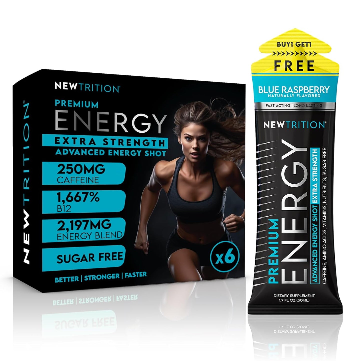 NewTrition® Extra Strength Energy Shots, 250mg Caffeine Energy Shots with Vitamin B & Amino Acids, Sugar-Free Vitamin Energy Shot, 1.7 fl oz (Pack of 6, Blue Raspberry)