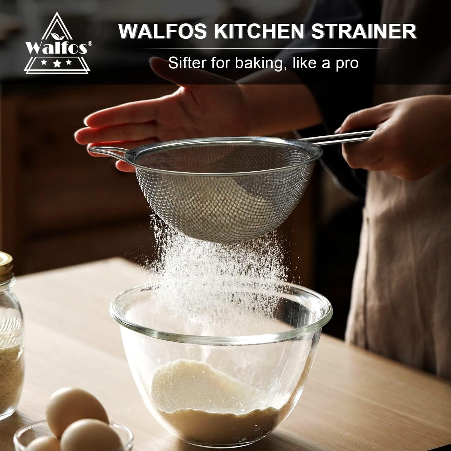 Walfos Fine Mesh Strainer Set of 3, Stainless Steel Wire Strainers for Kitchen, Multipurpose Metal Fine Sieve with Handle, Perfect for Food, Rice, Quinoa, 2.7", 4.6", 7"