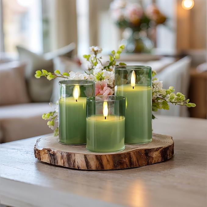 Homemory Green Glass Flameless Candles, Battery Operated LED Pillar Candles with Remote Control and Timer, Radiance Candles, Real Wax, Set of 3,D3 xH4 5" 6"