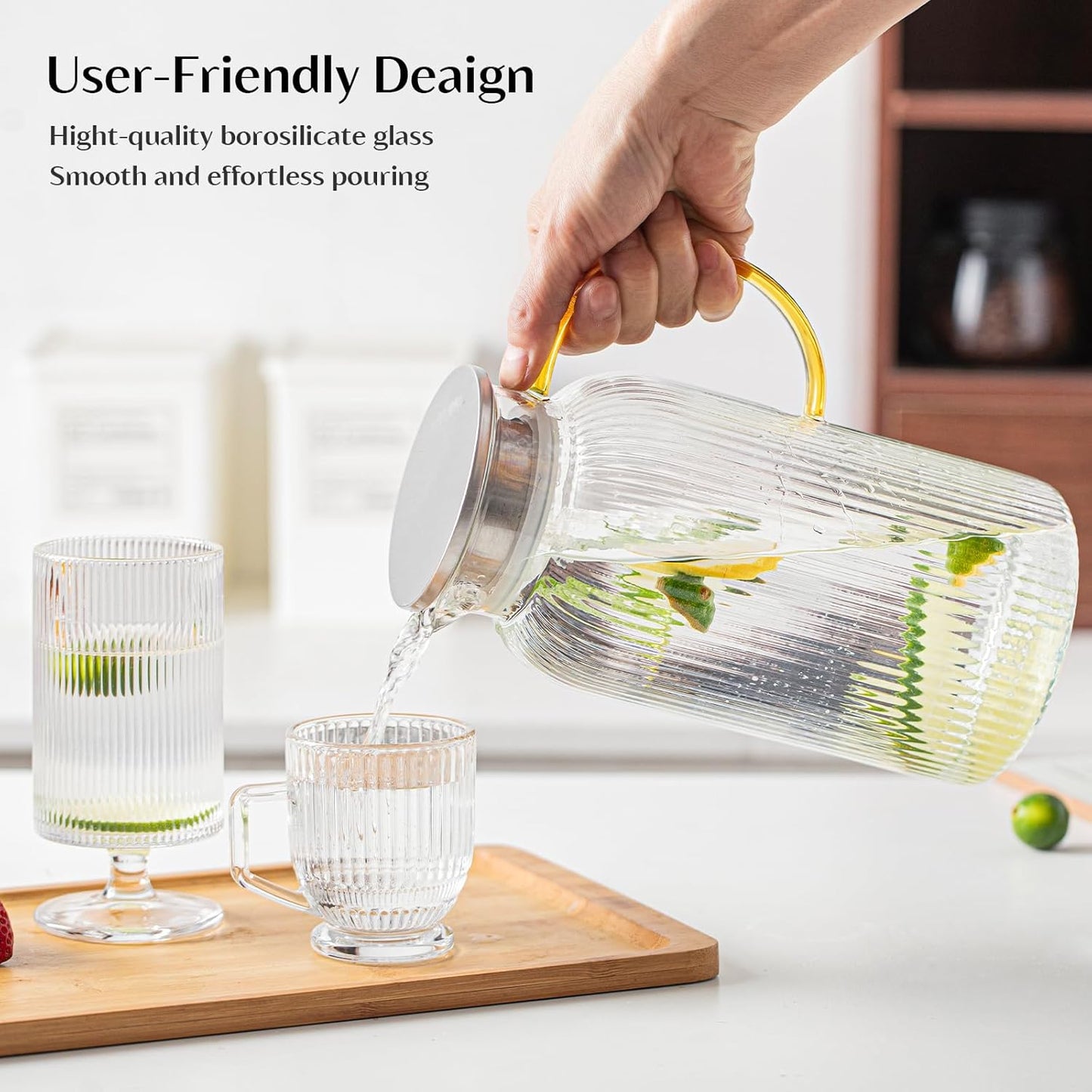 INSETLAN 68 Oz/2L Glass Pitcher with Lid and Spout, Ribbed Glass Jugs with Handle, Hot & Cold Water Pitcher for Iced Tea, Juice, Lemonade - Modern Glass Carafe for Fridge or Table (Pack of 2)