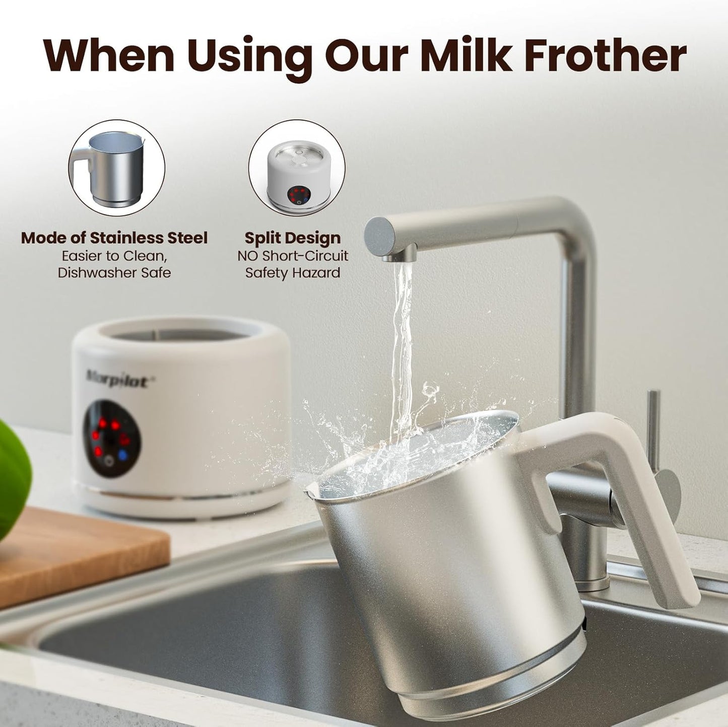 Large Electric Milk Frother and Steamer, 16.9oz/500ml Milk Steamer and Frother for Latte or Hot Chocolate, Dishwasher Safe, 6 Functions, Enjoy Perfect Milk Froth in 2 Min (White-Stainless Steel)