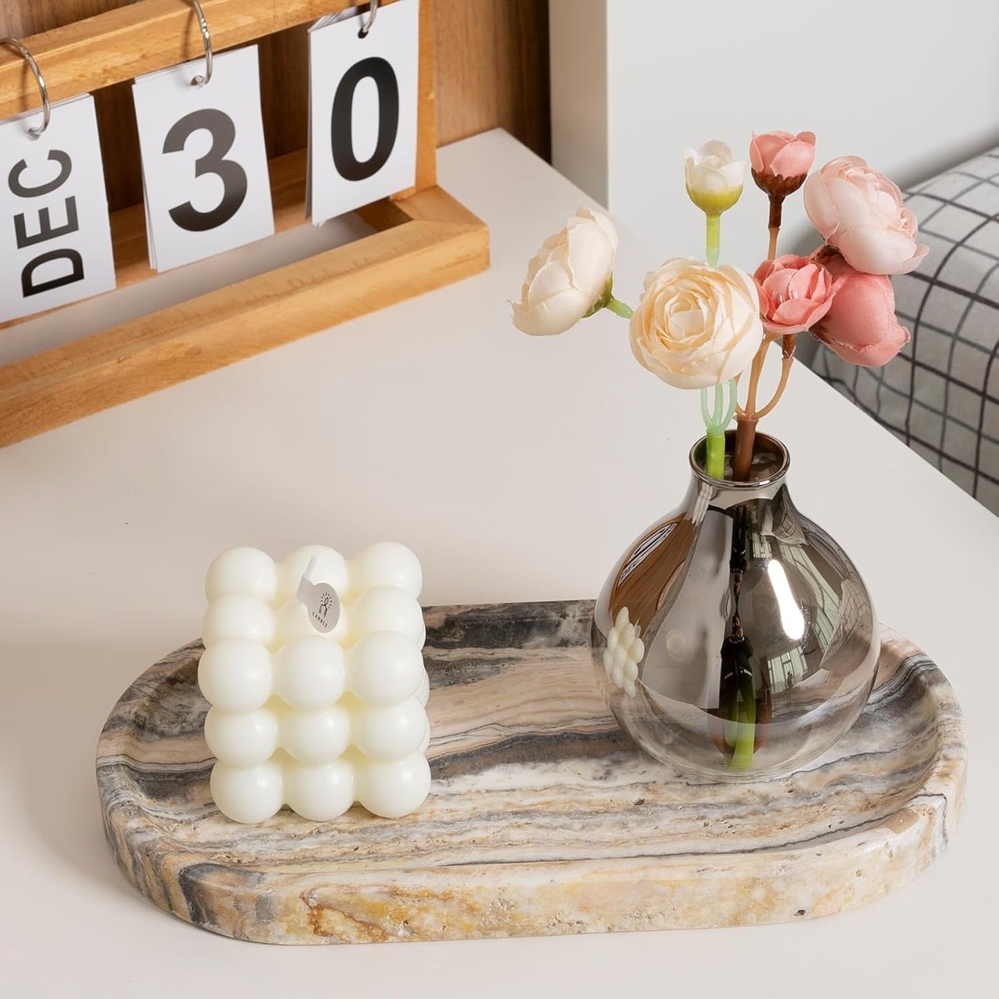 Koville 10"x5" Marble Vanity Tray for Bathroom Kitchen Countertop, Natural Marble Trays for Home Decor, Perfume Organizer Jewelry Dish, Stone Tray for Dresser, Decorative Candles Trays