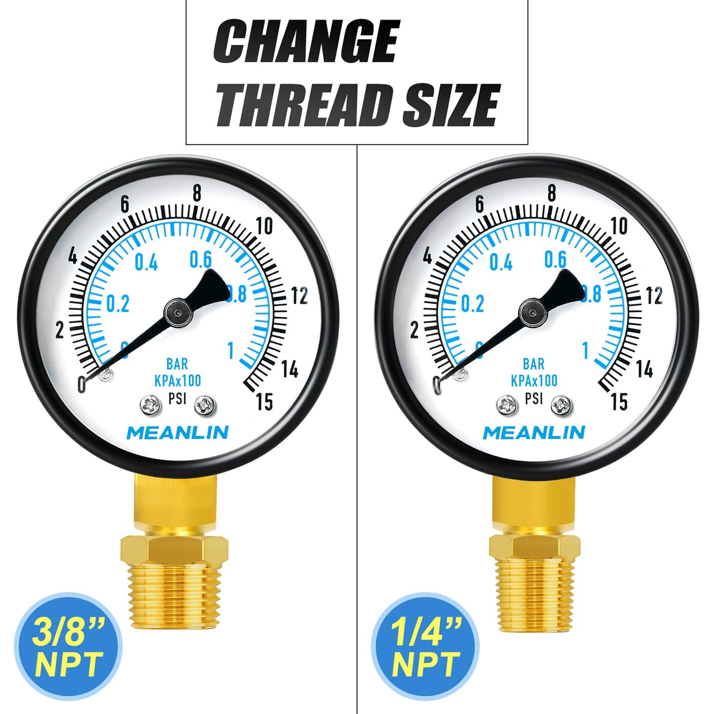 MEANLIN MEASURE 0-15Psi 2" DIAL FACE 1/8" NPT Well Pump Pressure Gauge, with 1/4" NPT and 3/8" NPT Hex Bushing, 3-2-3% Accuracy, Lower Mount