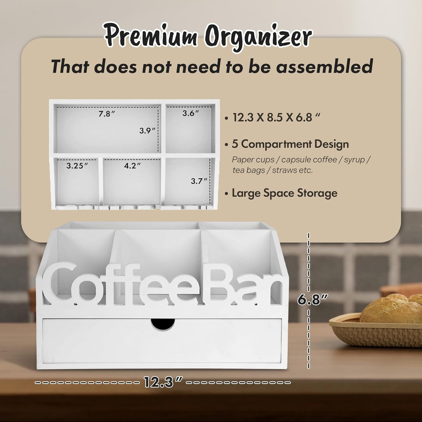 Coffee Bar Organizer for Countertop – Wooden Coffee Station with Black Drawer, Tea and K Cup Storage Rack, Coffee Pod Holder for Home and Office Counter Organization (Drawer - White)