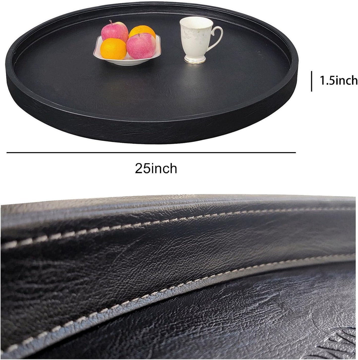 25x25 High-End Light Luxury Leather Round Oversized Tray - Ottoman Coffee Food Serving for Family Dinner, Outdoor Picnic & Party Essentials | Versatile Home Decor Tray(25 inch Black)