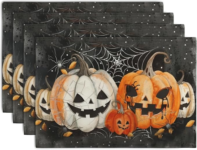 Halloween Pumpkins Spider Web Placemats Set of 4 Black Gray Scary Pumpkin Fall Linen Table Place Mat 12x18 Inch Seasonal Heat Resistant Table Mats for Party Kitchen Dining Decoration
