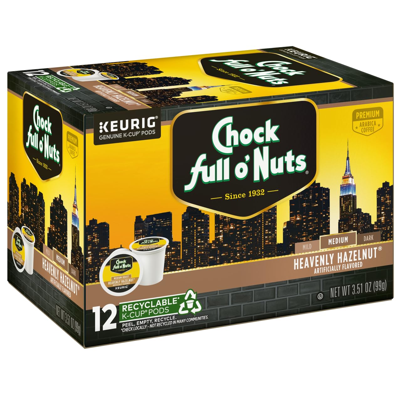 Chock Full o'Nuts Heavenly Hazelnut Coffee, Compatible with K-Cup Pods, 12 CT (Pack of 3)