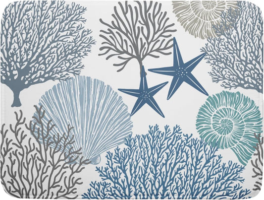 Blue Coral Dish Drying Mat 18x24 Inch Absorbent Reversible Summer Beach Drying Mat Nautical Coastal Starfish Dish Drying Rack Mat Ocean Themed Dish Drainer Mat for Kitchen Counter Coffee Bar