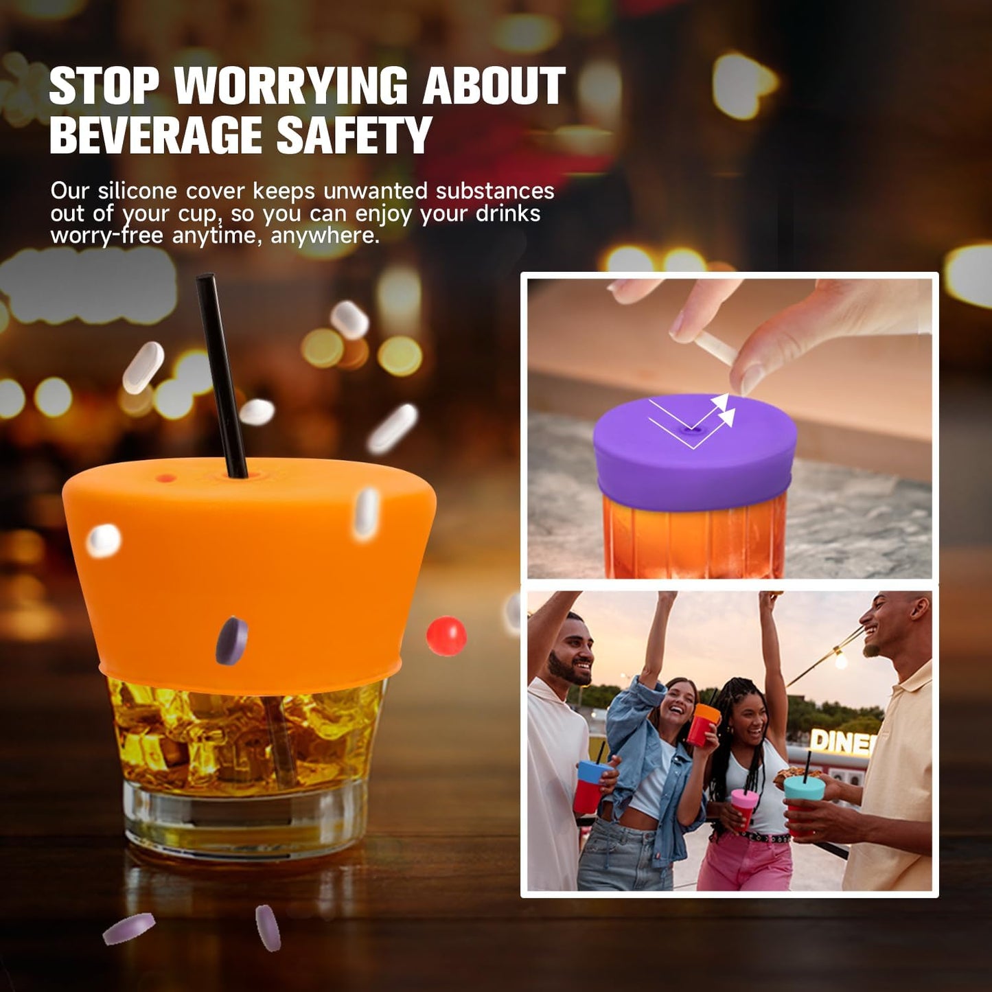 Drink Protection Cover | 100% Silicone and Reusable, Perfect for Parties, Bars or Clubs, Fits All Cup Sizes | Stop Worrying About Beverage Safety (6 Colors)